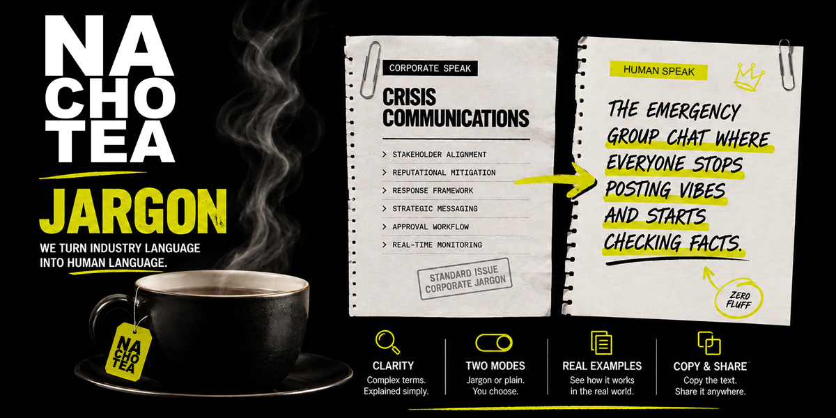Nacho Tea Jargon Decoder: corporate language decoded into clear human language.