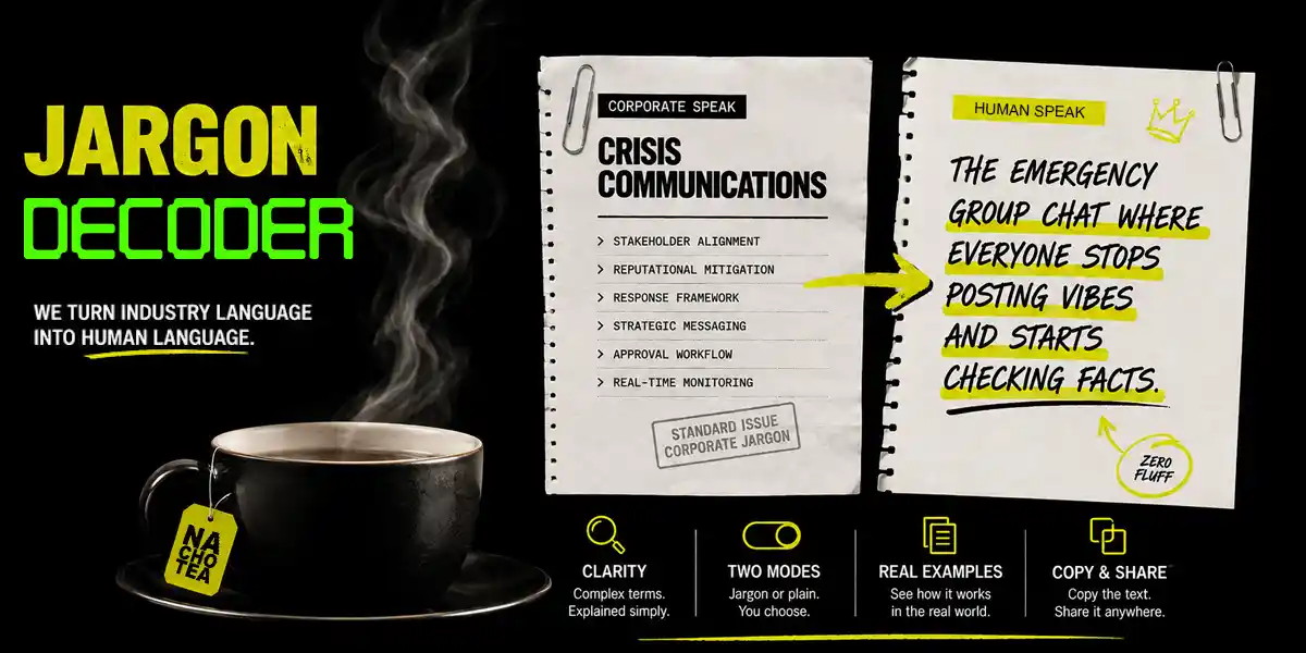 Nacho Tea Jargon Decoder: corporate language decoded into clear human language.